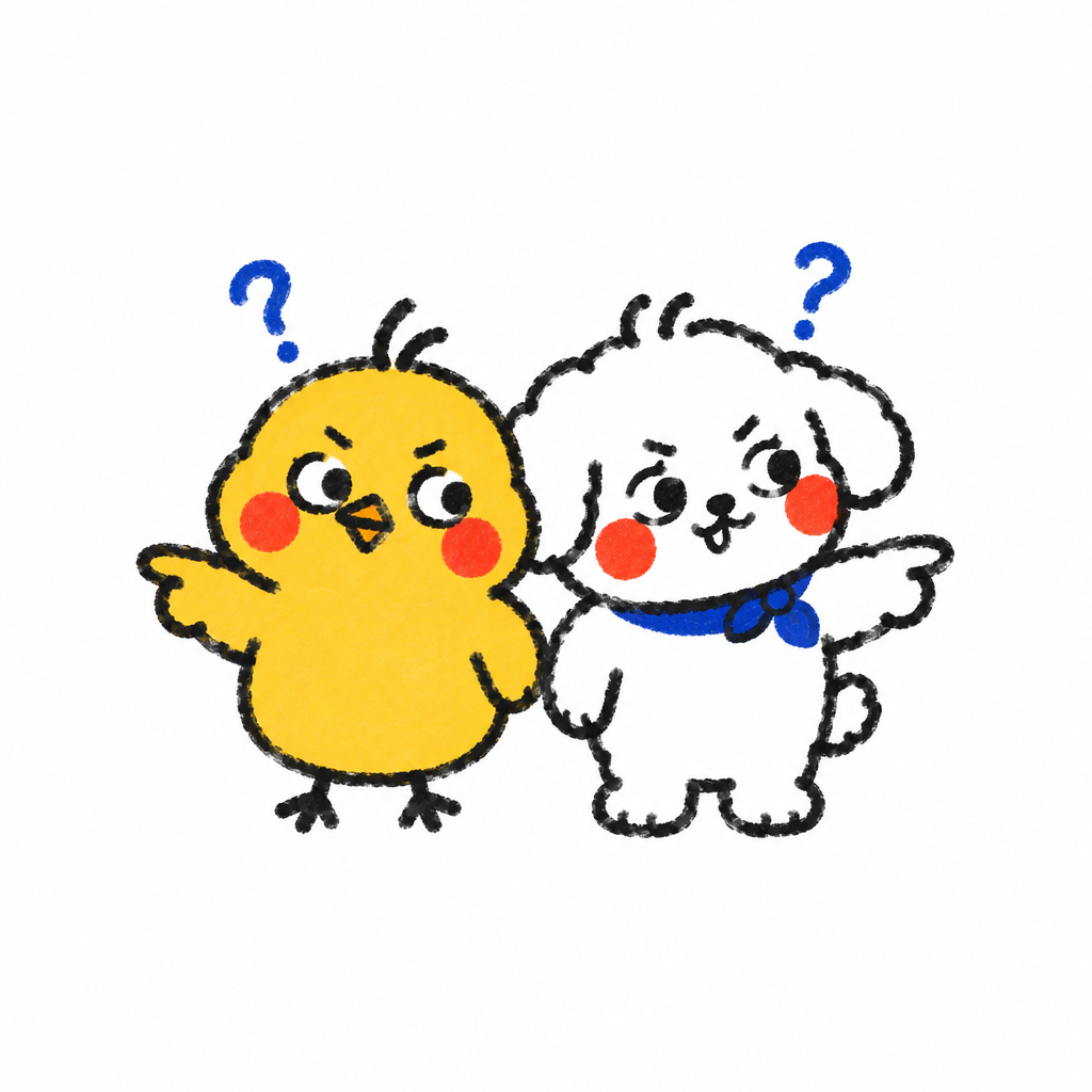 서로 다른 쪽을 가리키는 병아리와 강아지